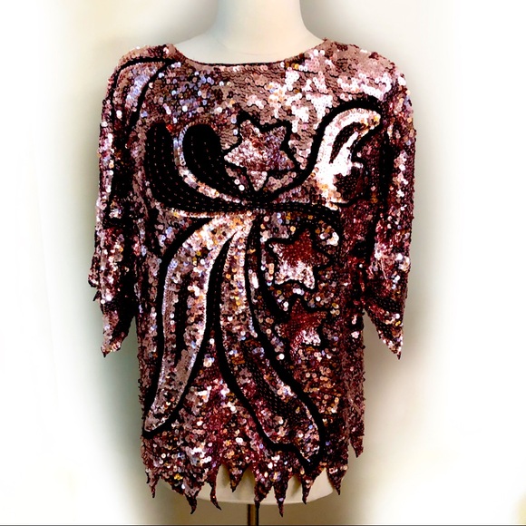 VINTAGE silk top with sequins size large - Picture 1 of 5